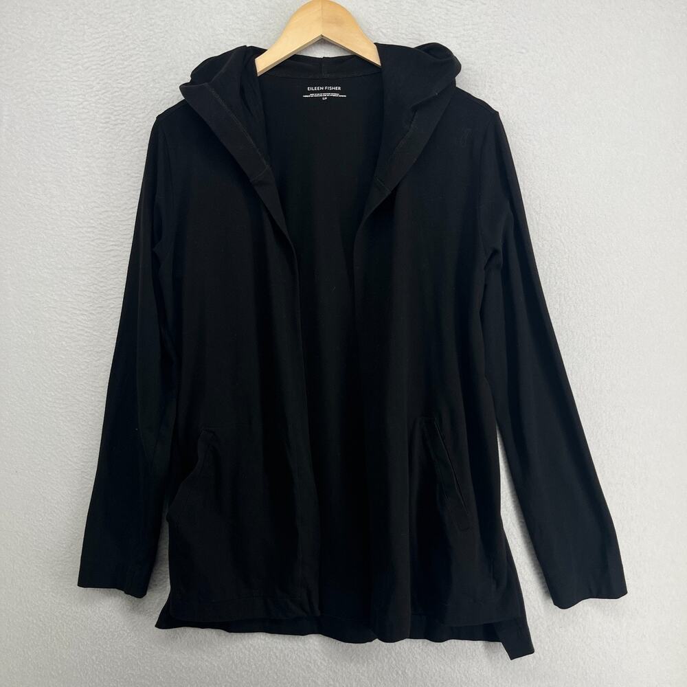 EILEEN FISHER Cardigan S Stretch Organic Cotton Hoodie Open Front Black USA